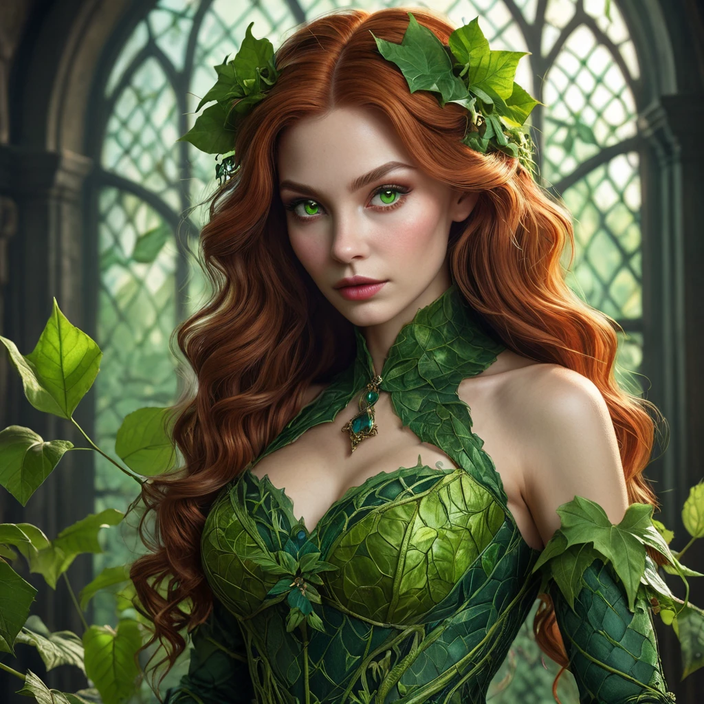 A hyperrealistic portrait of a vampire Poison Ivy.  Her skin is a vibrant, toxic green, with visible veins pulsing beneath the surface.  She wears a tattered, vine-woven dress, and her eyes glow with an unnatural light