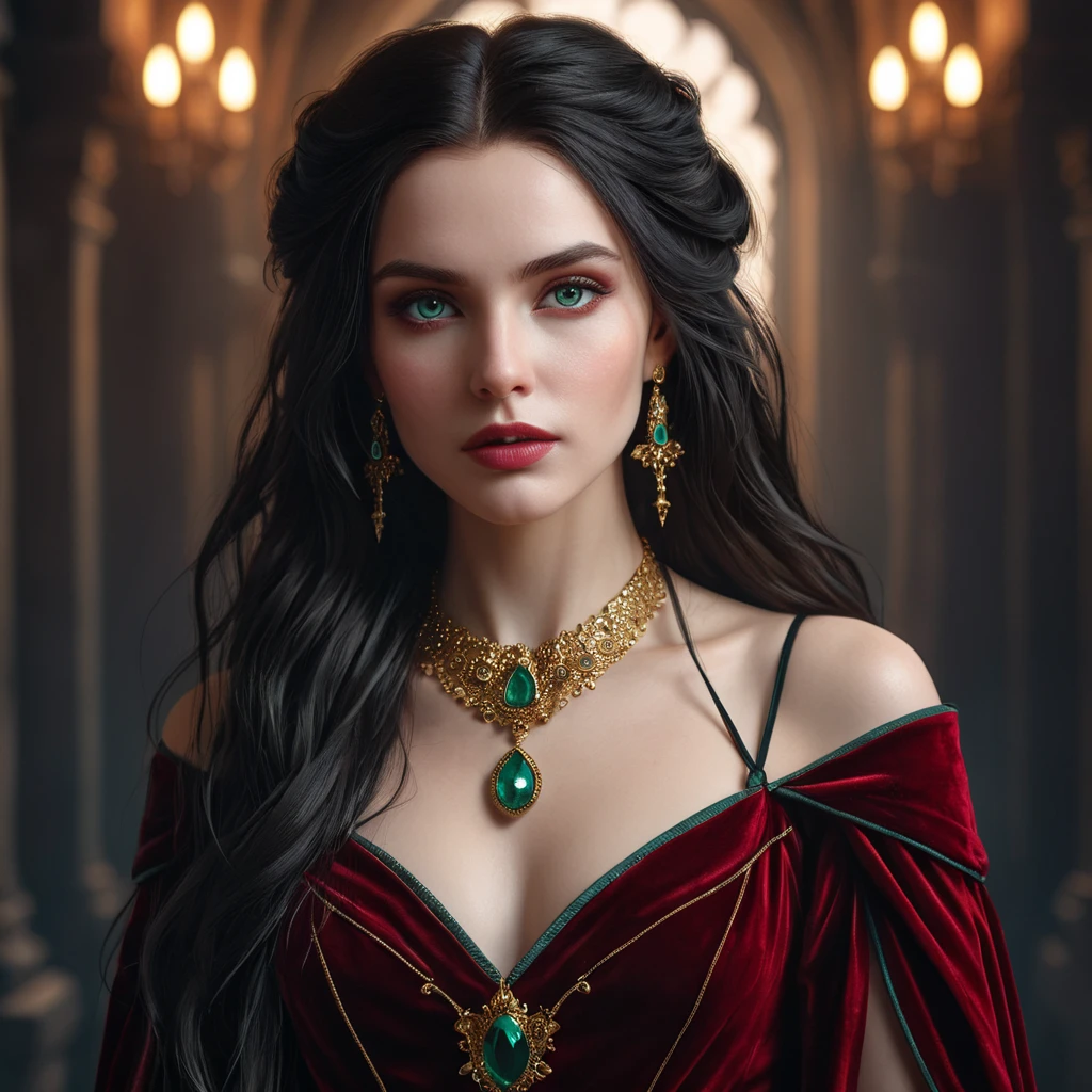 Portrait of Kassandra, a striking vampire with piercing emerald eyes, pale skin, and long raven hair cascading down her shoulders. She wears a flowing crimson velvet gown, a single ruby pendant adorns her neck