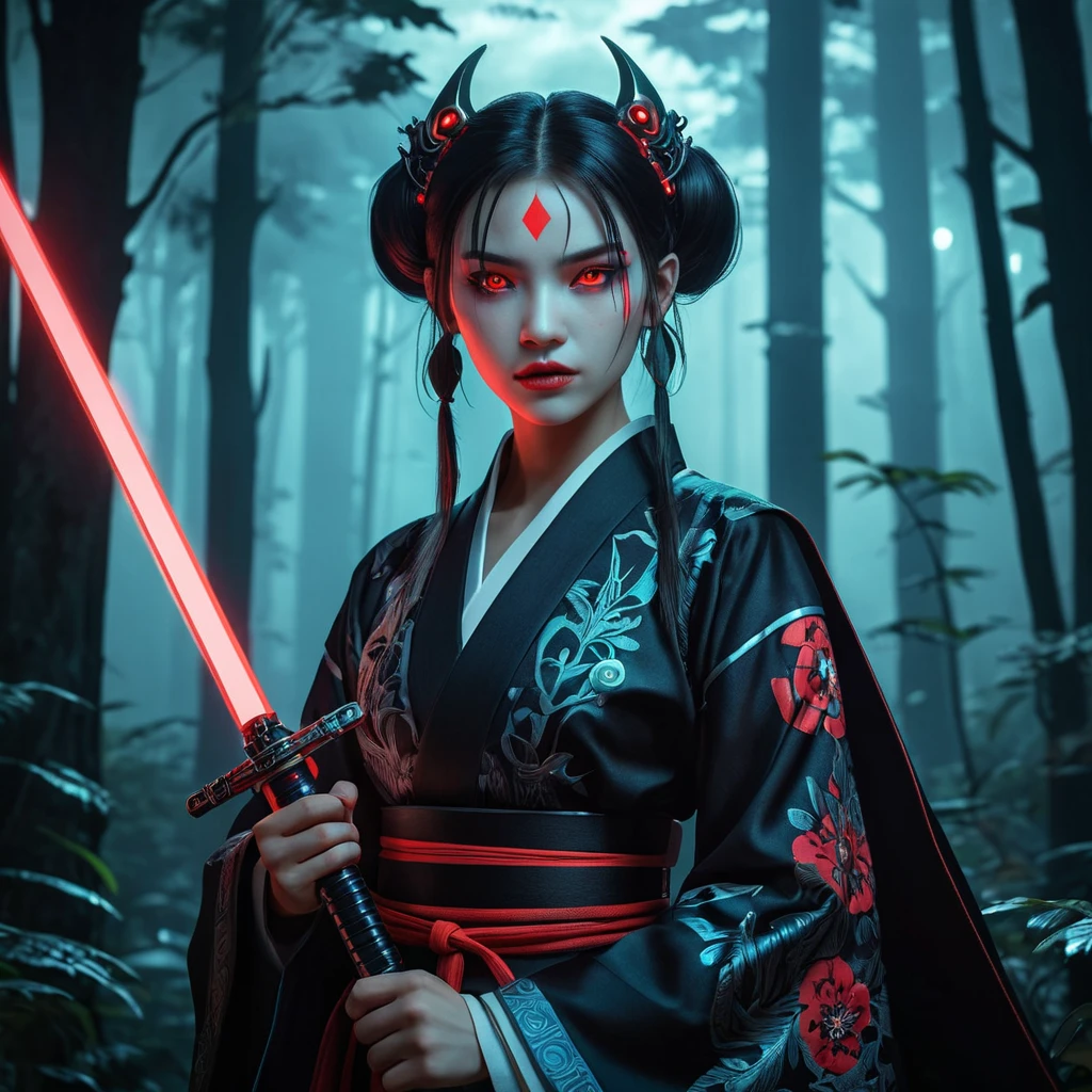 Cyberpunk Vampire Princess Mononoke:  A futuristic reimagining of San as a powerful vampire princess, with cybernetic enhancements, glowing red eyes, and sharp fangs, wearing a dark, futuristic kimono incorporating neon accents, wielding a high-tech katana, in a neon-lit, cyberpunk forest