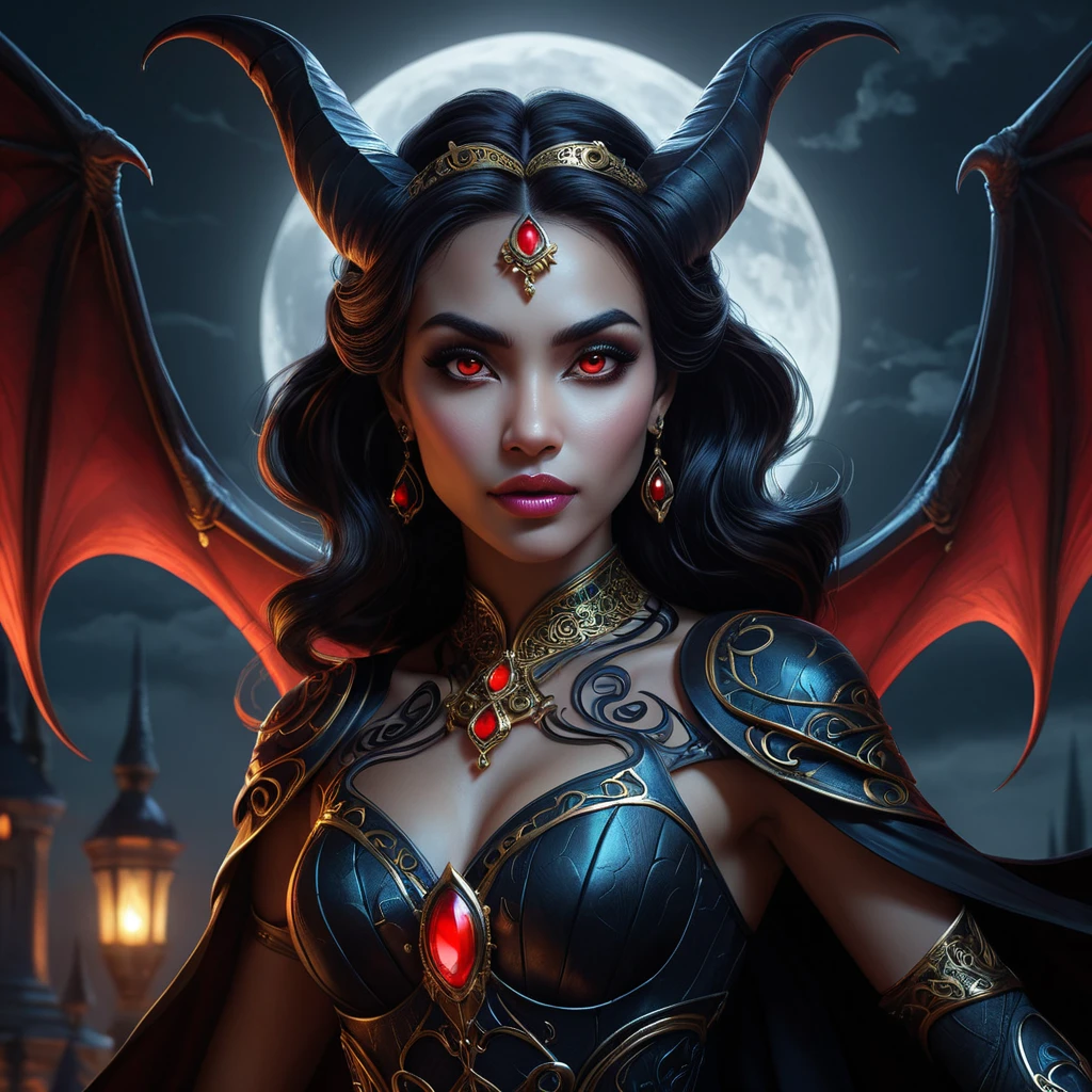 Dramatic fantasy artwork of Vampire Princess Jasmine,  transformed into a powerful bat-like creature with glowing red eyes,  surrounded by swirling shadows and moonlight,  dark and moody atmosphere