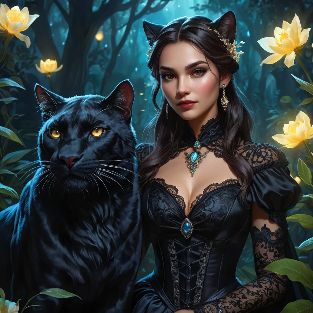 In the heart of an enchanted forest, Vampire Nidalee transforms seamlessly between human and panther form under the luminescent glow of bioluminescent flowers, her attire a blend of elegant Victorian lace and feline grace.