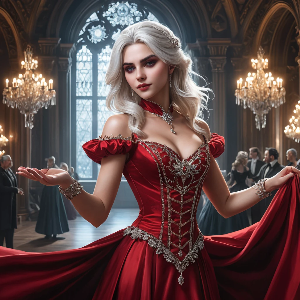 Atop a grand masquerade ballroom, Vampire Ciri dances under crystal chandeliers, her crimson gown swishing in tandem to the haunting melody played by an invisible orchestra. Her gaze pierces through her ornate mask, revealing eyes that hold centuries of untold stories.