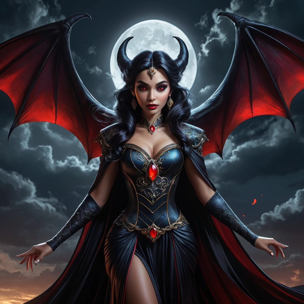 Dramatic fantasy artwork of Vampire Princess Jasmine,  transformed into a powerful bat-like creature with glowing red eyes,  surrounded by swirling shadows and moonlight,  dark and moody atmosphere