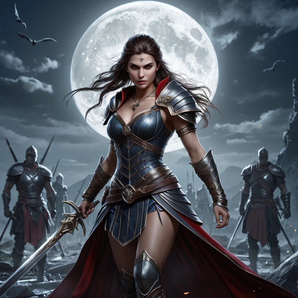 Kassandra, a powerful vampire warrior, wielding a wickedly curved sword, bathed in moonlight.  She stands amidst a battlefield strewn with fallen foes,  dynamic pose