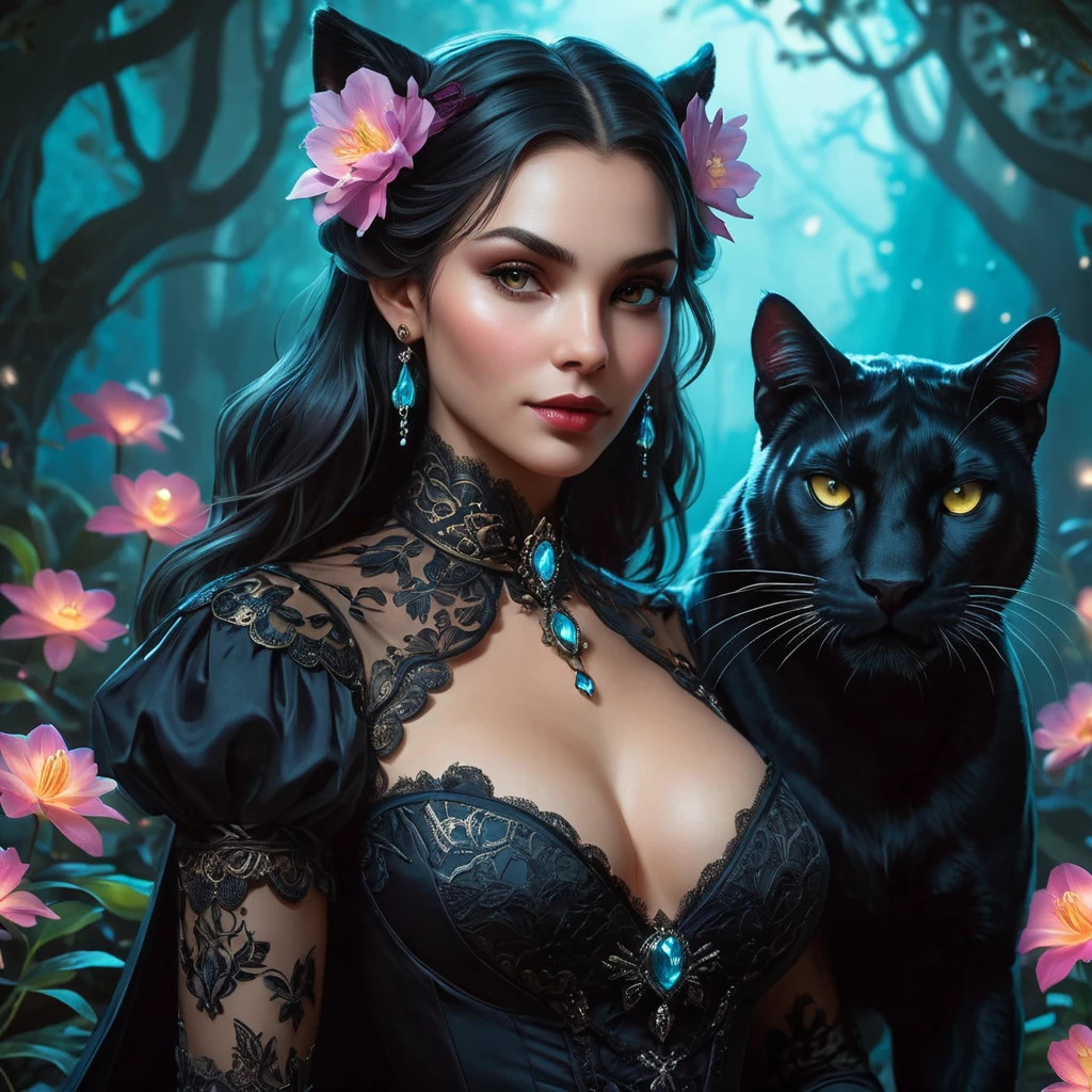 In the heart of an enchanted forest, Vampire Nidalee transforms seamlessly between human and panther form under the luminescent glow of bioluminescent flowers, her attire a blend of elegant Victorian lace and feline grace.