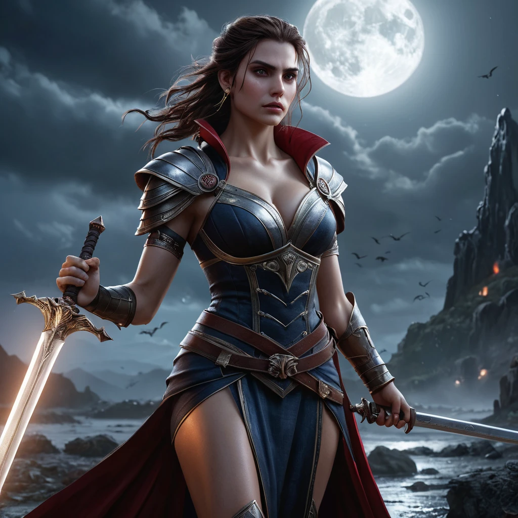 Kassandra, a powerful vampire warrior, wielding a wickedly curved sword, bathed in moonlight.  She stands amidst a battlefield strewn with fallen foes,  dynamic pose