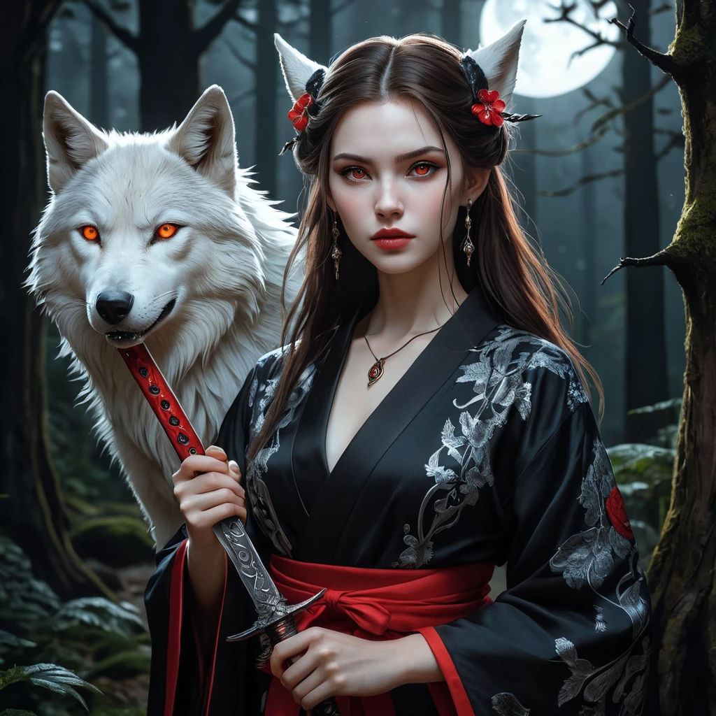 Dark fantasy portrait: a beautiful vampire princess, a fusion of San (Princess Mononoke) and a seductive vampire, with sharp features, pale skin, and glowing crimson eyes, wearing a torn, elegant black kimono, holding a ceremonial dagger, surrounded by wolves in a moonlit forest