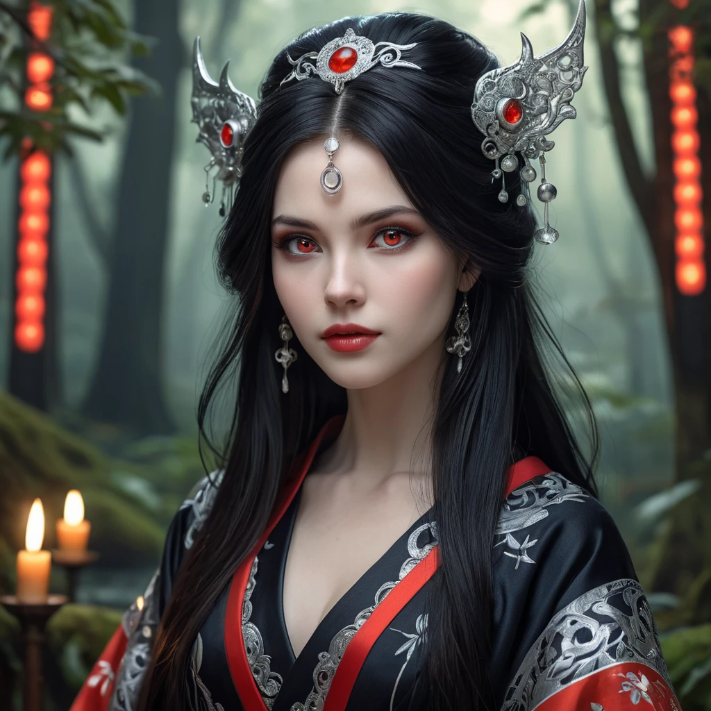 A majestic, ethereal vampire princess, inspired by Princess Mononoke, with long flowing black hair, pale skin, sharp fangs, and intense red eyes, wearing a dark, elegant kimono adorned with ornate silver details and glowing runes, surrounded by a mystical, enchanted forest