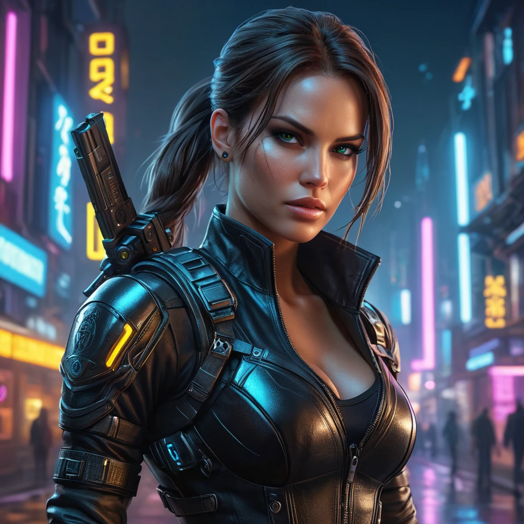 Cyberpunk vampire Lara Croft, neon lights reflecting in her eyes, leather outfit with intricate details, glowing cybernetic enhancements, dual pistols, futuristic city background