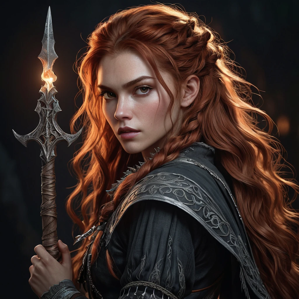 Portrait of Aloy, vampire hunter aesthetic, sharp fangs, intense gaze, long flowing red hair, tattered clothing, holding a stake, dark background