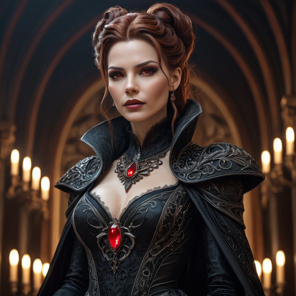 A hyperrealistic portrait of Sarah Kerrigan, transformed into a gothic vampire queen, sharp fangs, crimson eyes glowing faintly, intricate dark Victorian-era gown, ethereal