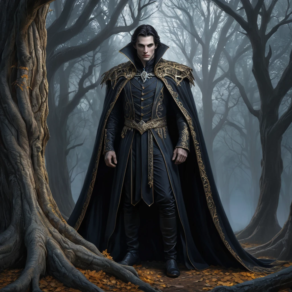 Underneath the canopy of an ancient forest at twilight, a vampire emerges from behind a gnarled tree trunk. Their intricate cloak shimmers with threads of silver and gold as they stand poised, their gaze both commanding and enigmatic against the backdrop of fading light.