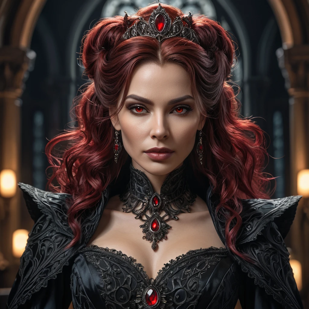 A hyperrealistic portrait of Sarah Kerrigan, transformed into a gothic vampire queen, sharp fangs, crimson eyes glowing faintly, intricate dark Victorian-era gown, ethereal