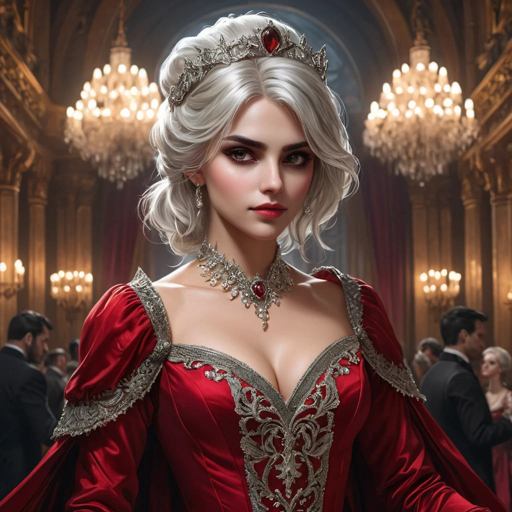 Atop a grand masquerade ballroom, Vampire Ciri dances under crystal chandeliers, her crimson gown swishing in tandem to the haunting melody played by an invisible orchestra. Her gaze pierces through her ornate mask, revealing eyes that hold centuries of untold stories.