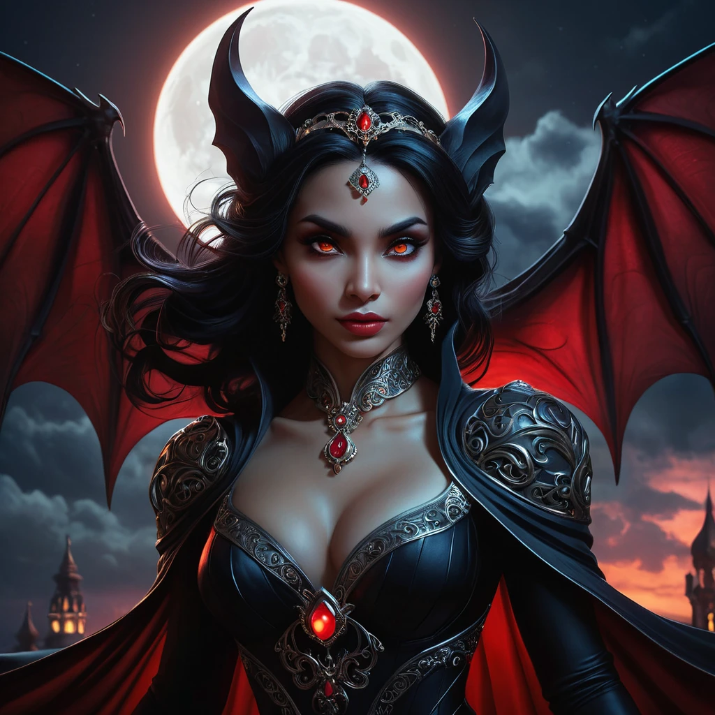 Dramatic fantasy artwork of Vampire Princess Jasmine,  transformed into a powerful bat-like creature with glowing red eyes,  surrounded by swirling shadows and moonlight,  dark and moody atmosphere