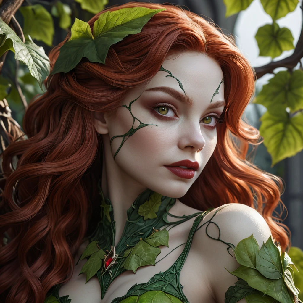 Close-up portrait of Poison Ivy transformed into a vampire.  Her face is pale and gaunt, with dark circles under her eyes.  Thick, crimson vines twist around her neck and arms.  Focus on intricate details of her skin texture and the veins in the vines.