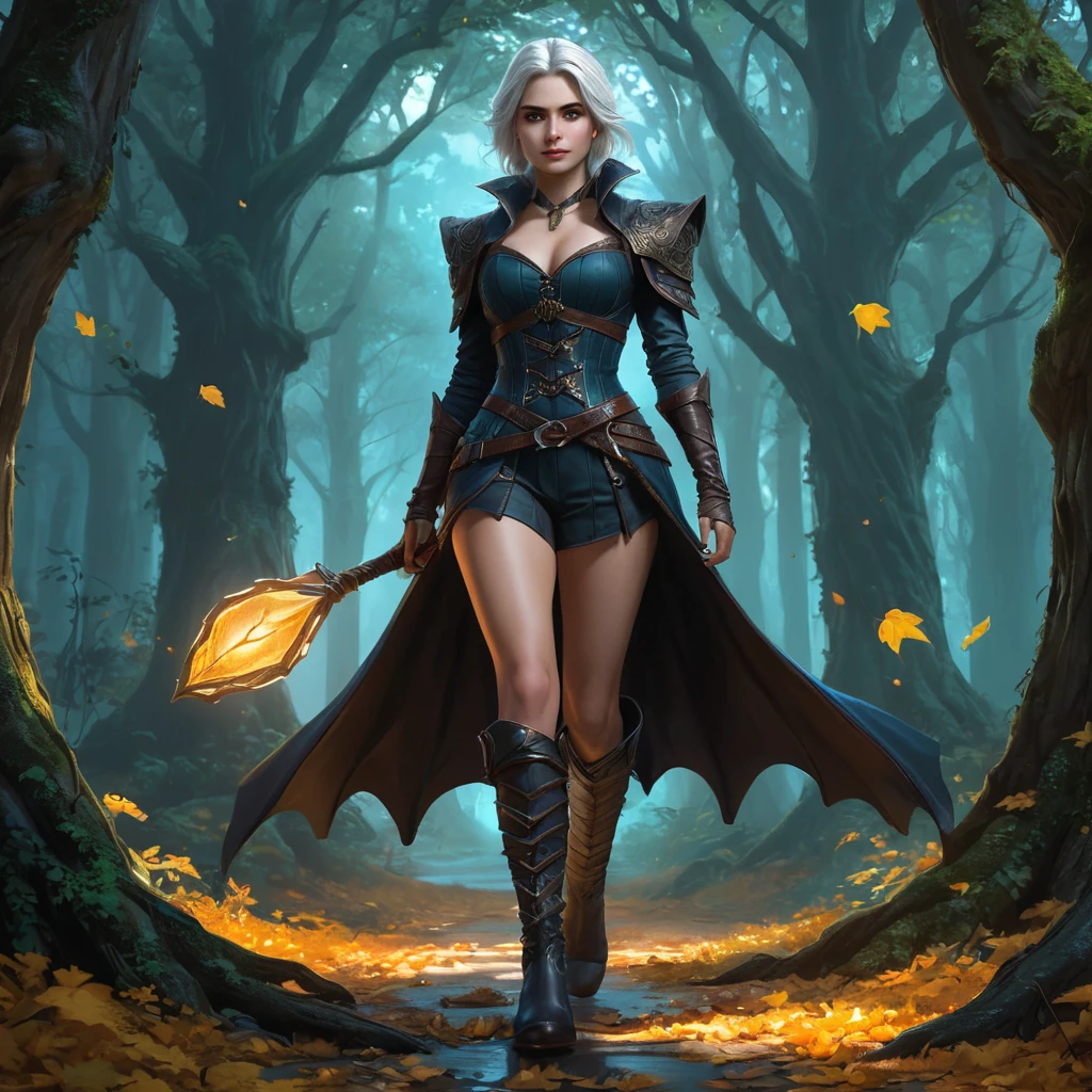 Vampire Ciri wanders through an enchanted forest, where ancient trees whisper secrets and bioluminescent flowers light the path ahead. She moves gracefully, her boots crunching on fallen leaves, while a mystical aura surrounds her, blending with the magic of the woods.