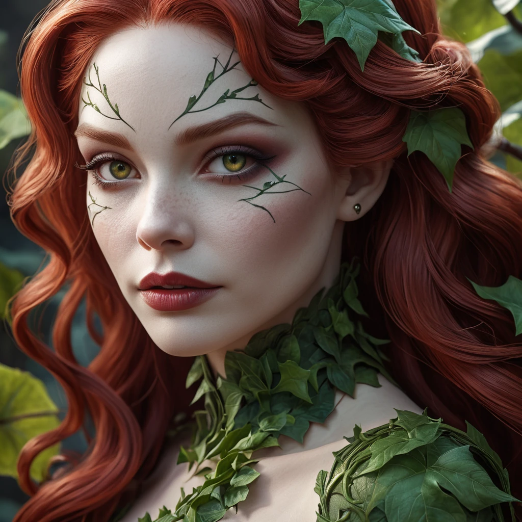 Close-up portrait of Poison Ivy transformed into a vampire.  Her face is pale and gaunt, with dark circles under her eyes.  Thick, crimson vines twist around her neck and arms.  Focus on intricate details of her skin texture and the veins in the vines.