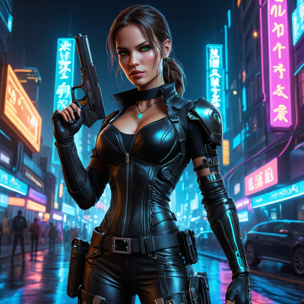 Cyberpunk vampire Lara Croft, neon lights reflecting in her eyes, leather outfit with intricate details, glowing cybernetic enhancements, dual pistols, futuristic city background