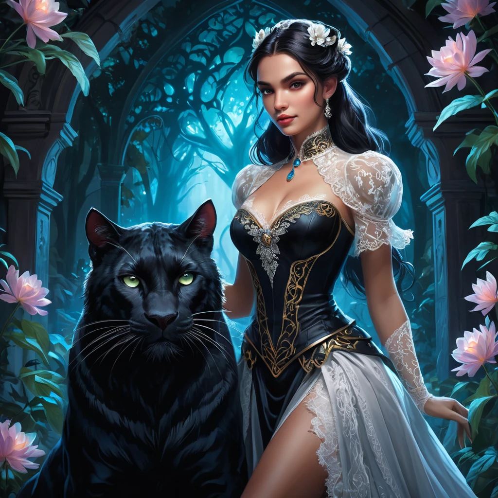 In the heart of an enchanted forest, Vampire Nidalee transforms seamlessly between human and panther form under the luminescent glow of bioluminescent flowers, her attire a blend of elegant Victorian lace and feline grace.