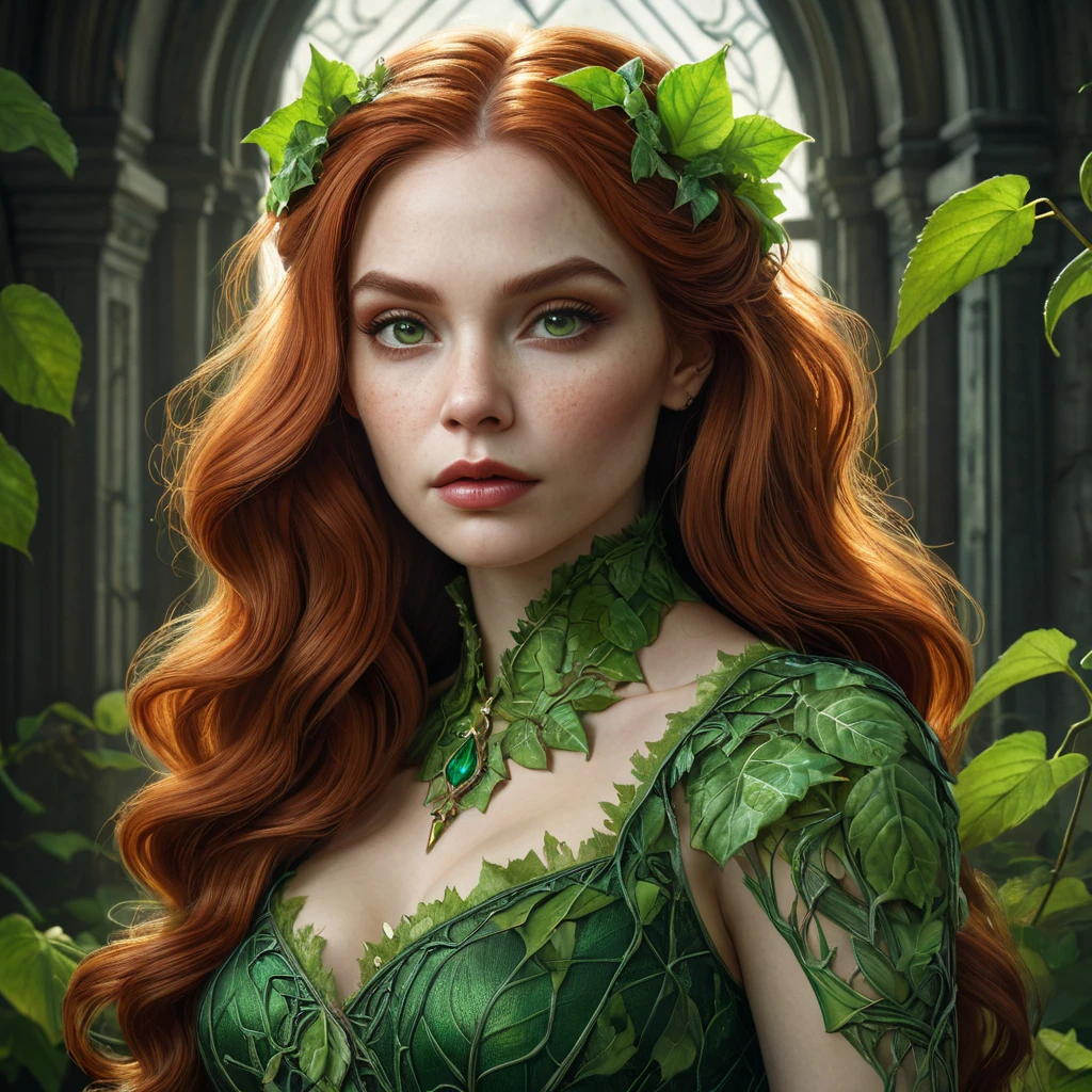 A hyperrealistic portrait of a vampire Poison Ivy.  Her skin is a vibrant, toxic green, with visible veins pulsing beneath the surface.  She wears a tattered, vine-woven dress, and her eyes glow with an unnatural light