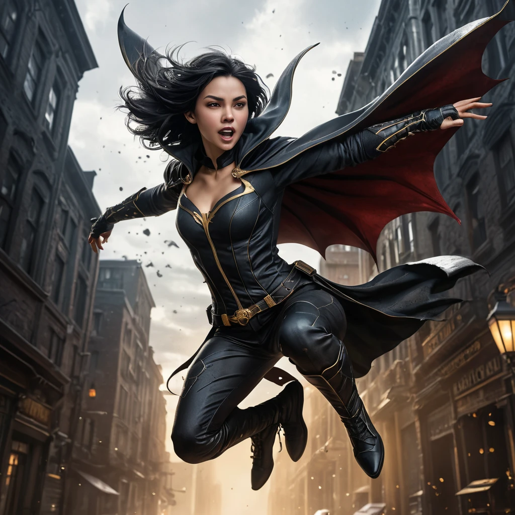 dynamic action shot of vampire Cassandra Cain leaping through the air, cape billowing, fangs bared, blood splatter, dark and gritty urban setting