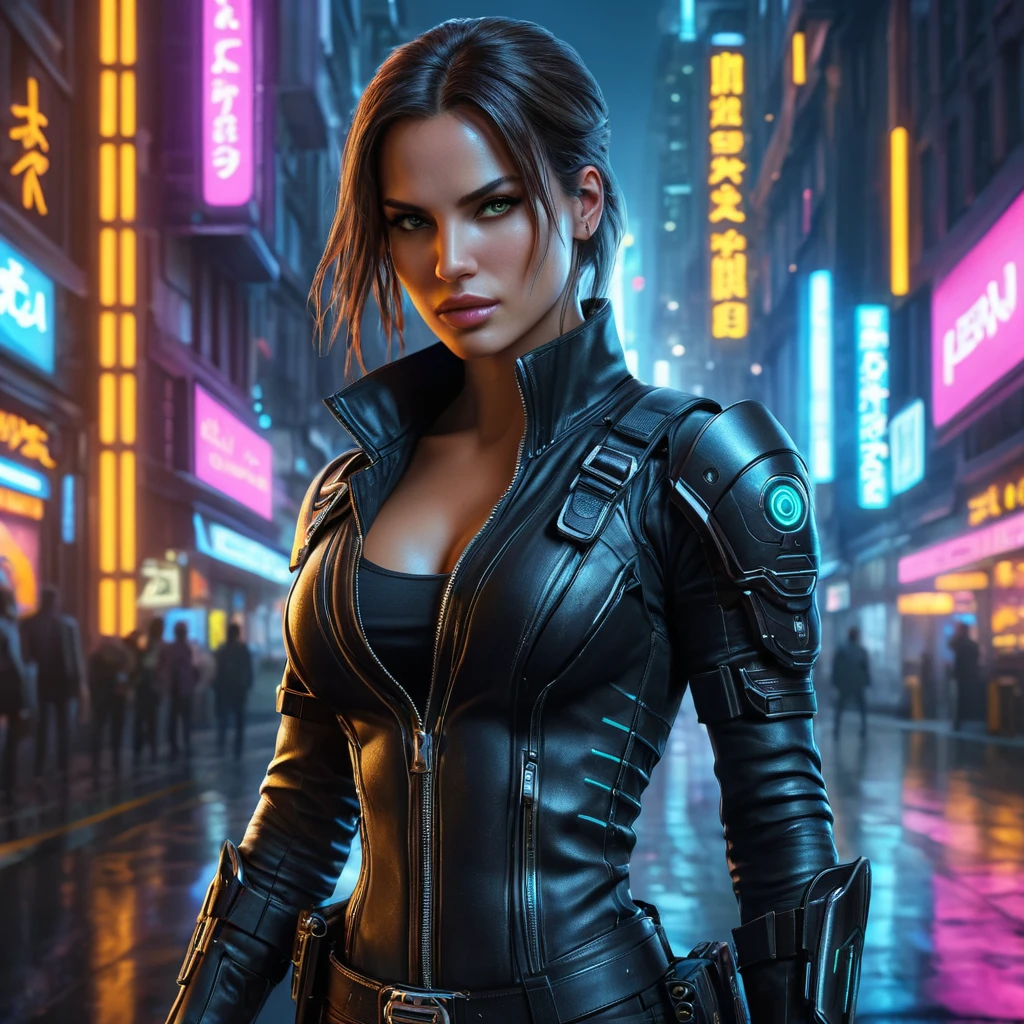 Cyberpunk vampire Lara Croft, neon lights reflecting in her eyes, leather outfit with intricate details, glowing cybernetic enhancements, dual pistols, futuristic city background