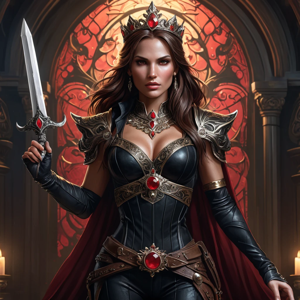 Dark fantasy illustration of Lara Croft as a powerful vampire queen, regal pose, ornate crown, crimson eyes, long flowing dark hair, holding a jeweled dagger