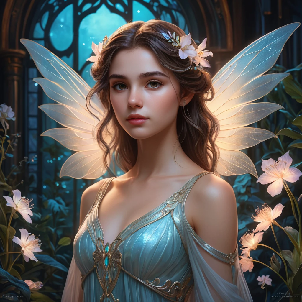 A whimsical, almost ethereal portrait of Kassandra, a young vampire with delicate features and translucent wings. She's surrounded by glowing bioluminescent flora, a dreamy atmosphere, pastel colors, art nouveau style