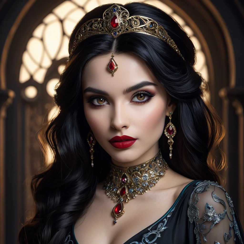 Close-up portrait of Vampire Princess Jasmine, seductive gaze, pale skin, crimson lips, sharp fangs subtly visible, intricate makeup,  flowing dark hair,  dramatic chiaroscuro lighting