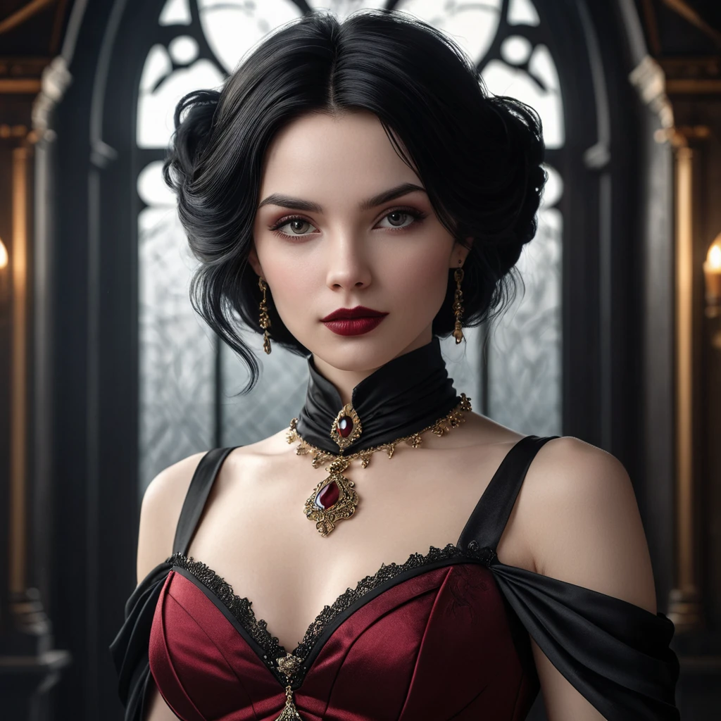 a stunning portrait of Cassandra Cain as a seductive vampire, pale skin, dark hair, crimson lips, piercing gaze, elegant gothic dress, ornate jewelry, dramatic lighting