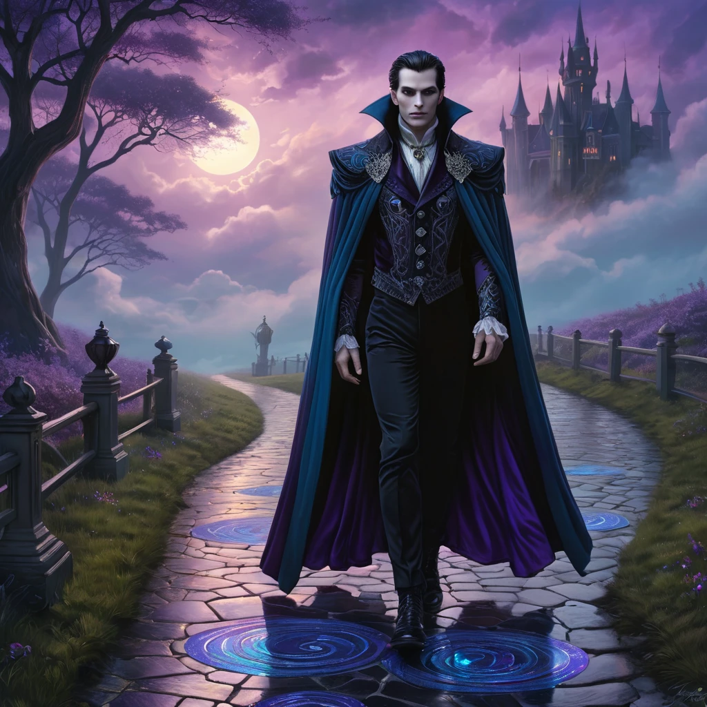 In a surreal dreamscape where time stands still, a vampire walks along a path paved with iridescent gemstones. The air is thick with mist, and the sky is painted in deep purples and blues, with swirling clouds that mirror the intricate patterns on their luxurious velvet cloak.