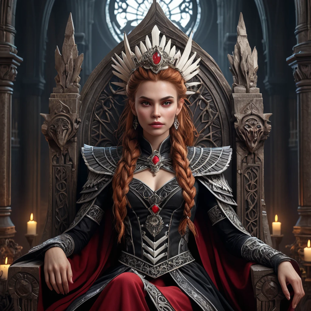 Aloy, vampire queen, sitting on a throne of bones, regal expression, crimson eyes, intricate headdress, dark flowing robes, gothic architecture