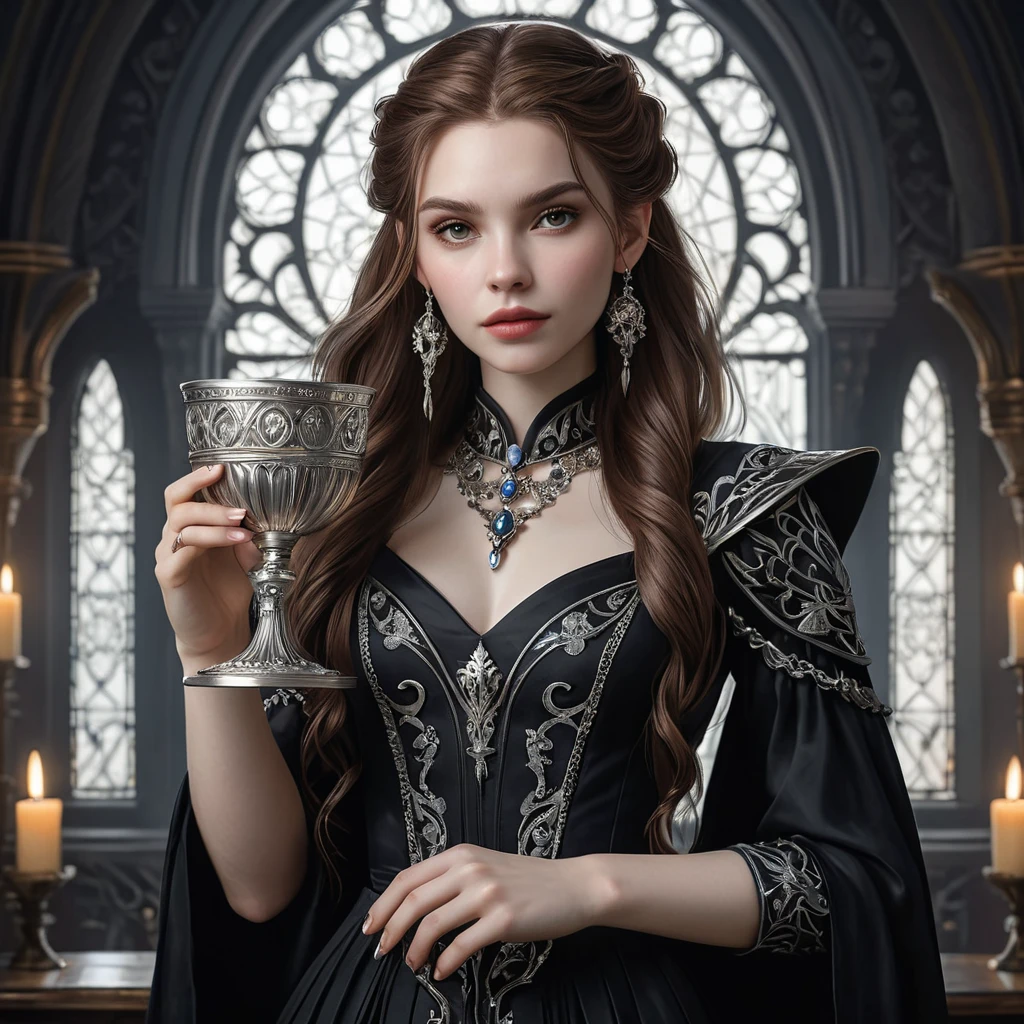 Aloy as a gothic vampire, elegant black dress, pale skin, sharp features, long dark hair, holding a silver goblet, opulent background