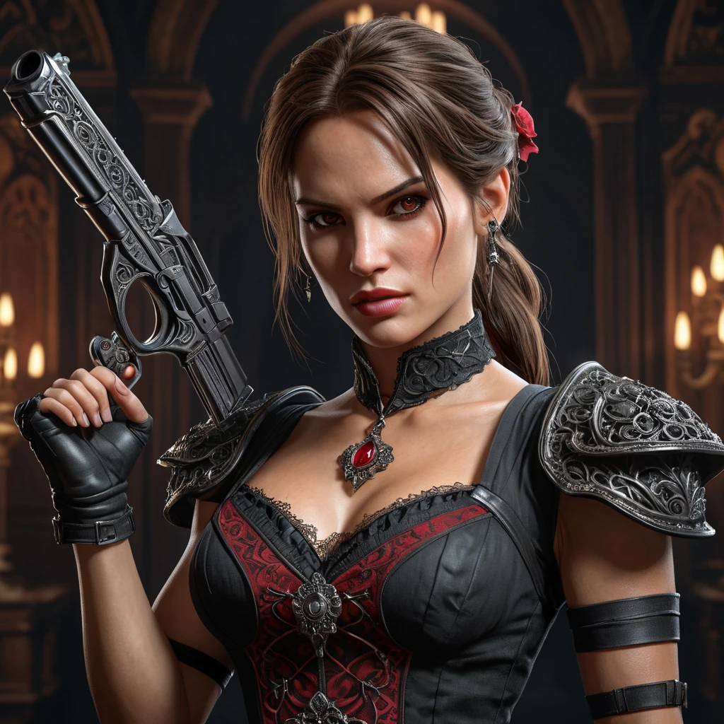 photorealistic portrait of Lara Croft as a vampire, sharp fangs, crimson eyes, intricate gothic Victorian dress, holding dual pistols