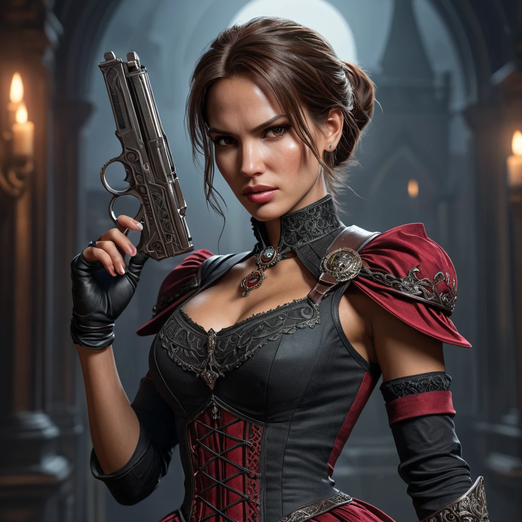 photorealistic portrait of Lara Croft as a vampire, sharp fangs, crimson eyes, intricate gothic Victorian dress, holding dual pistols