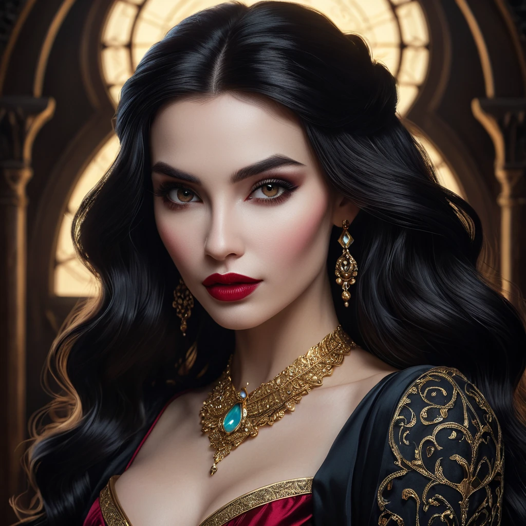 Close-up portrait of Vampire Princess Jasmine, seductive gaze, pale skin, crimson lips, sharp fangs subtly visible, intricate makeup,  flowing dark hair,  dramatic chiaroscuro lighting