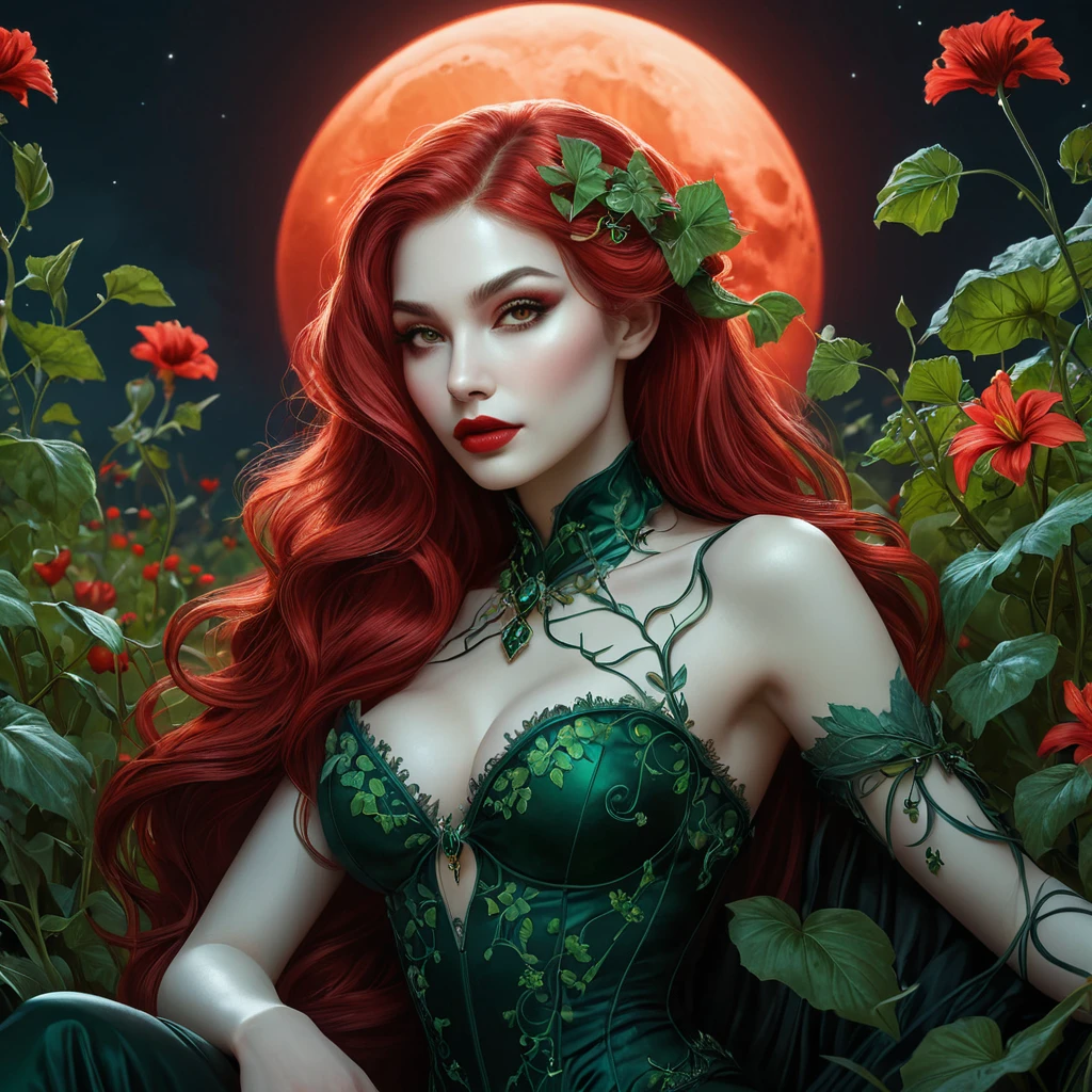 A seductive, gothic vampire, reminiscent of Poison Ivy, with emerald skin, long, flowing vines for hair, and crimson lips, lounging amidst a field of poisonous, bioluminescent flowers under a blood-red moon