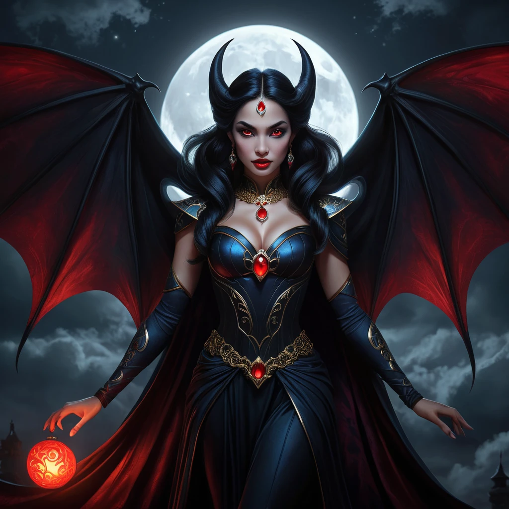 Dramatic fantasy artwork of Vampire Princess Jasmine,  transformed into a powerful bat-like creature with glowing red eyes,  surrounded by swirling shadows and moonlight,  dark and moody atmosphere