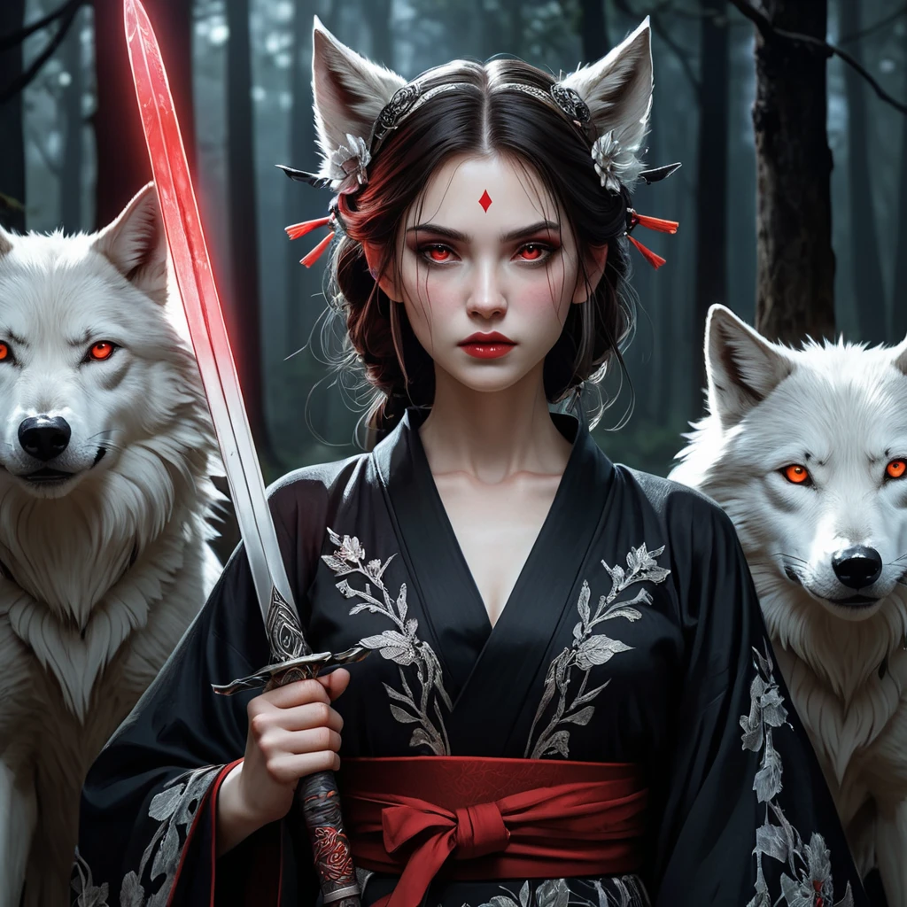 Dark fantasy portrait: a beautiful vampire princess, a fusion of San (Princess Mononoke) and a seductive vampire, with sharp features, pale skin, and glowing crimson eyes, wearing a torn, elegant black kimono, holding a ceremonial dagger, surrounded by wolves in a moonlit forest