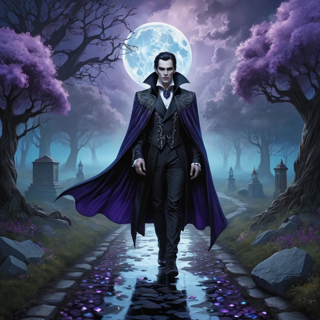 In a surreal dreamscape where time stands still, a vampire walks along a path paved with iridescent gemstones. The air is thick with mist, and the sky is painted in deep purples and blues, with swirling clouds that mirror the intricate patterns on their luxurious velvet cloak.