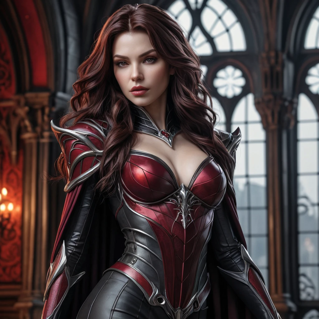 Sarah Kerrigan as a seductive vampire,  pale skin, dark flowing hair, sharp claws, gothic architecture background, blood red highlights