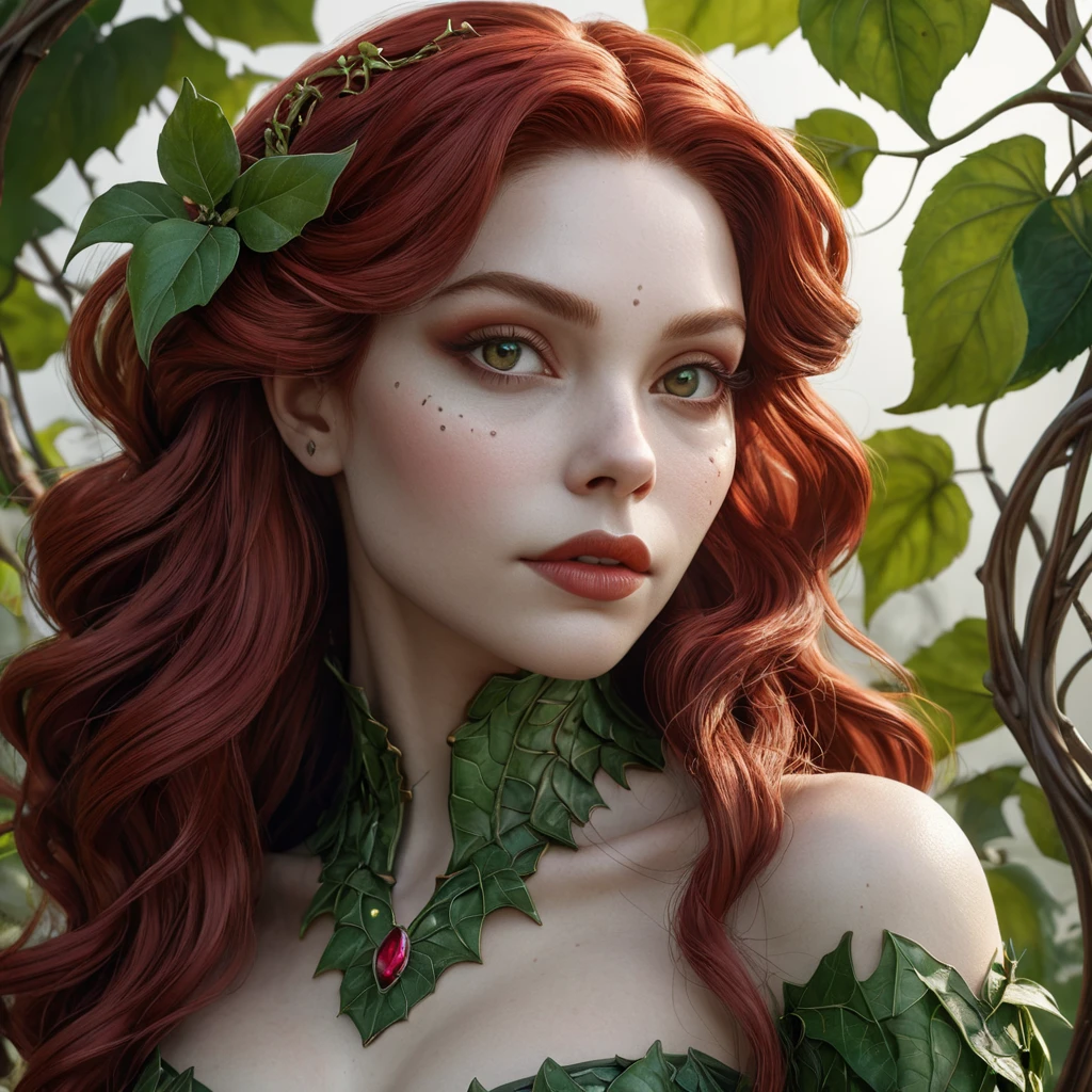 Close-up portrait of Poison Ivy transformed into a vampire.  Her face is pale and gaunt, with dark circles under her eyes.  Thick, crimson vines twist around her neck and arms.  Focus on intricate details of her skin texture and the veins in the vines.