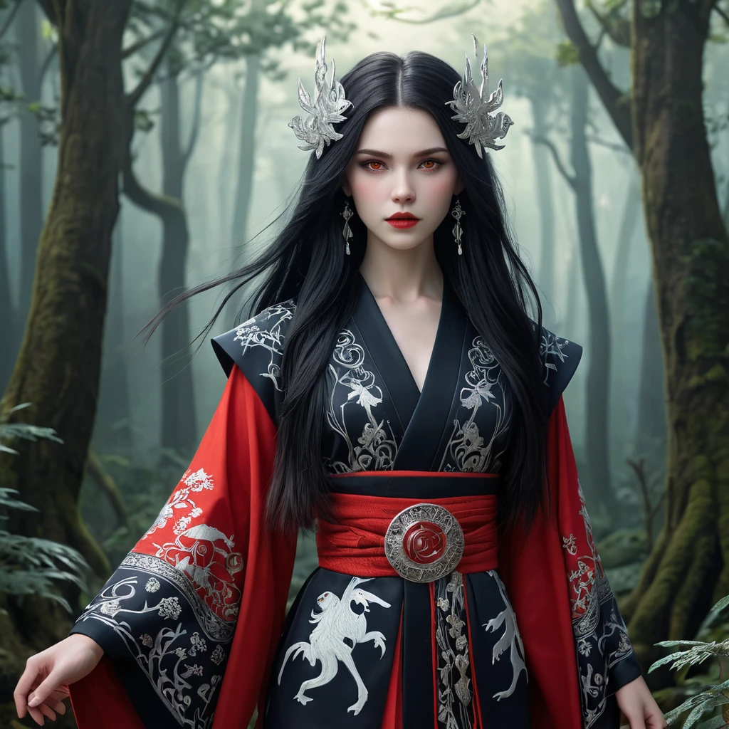 A majestic, ethereal vampire princess, inspired by Princess Mononoke, with long flowing black hair, pale skin, sharp fangs, and intense red eyes, wearing a dark, elegant kimono adorned with ornate silver details and glowing runes, surrounded by a mystical, enchanted forest