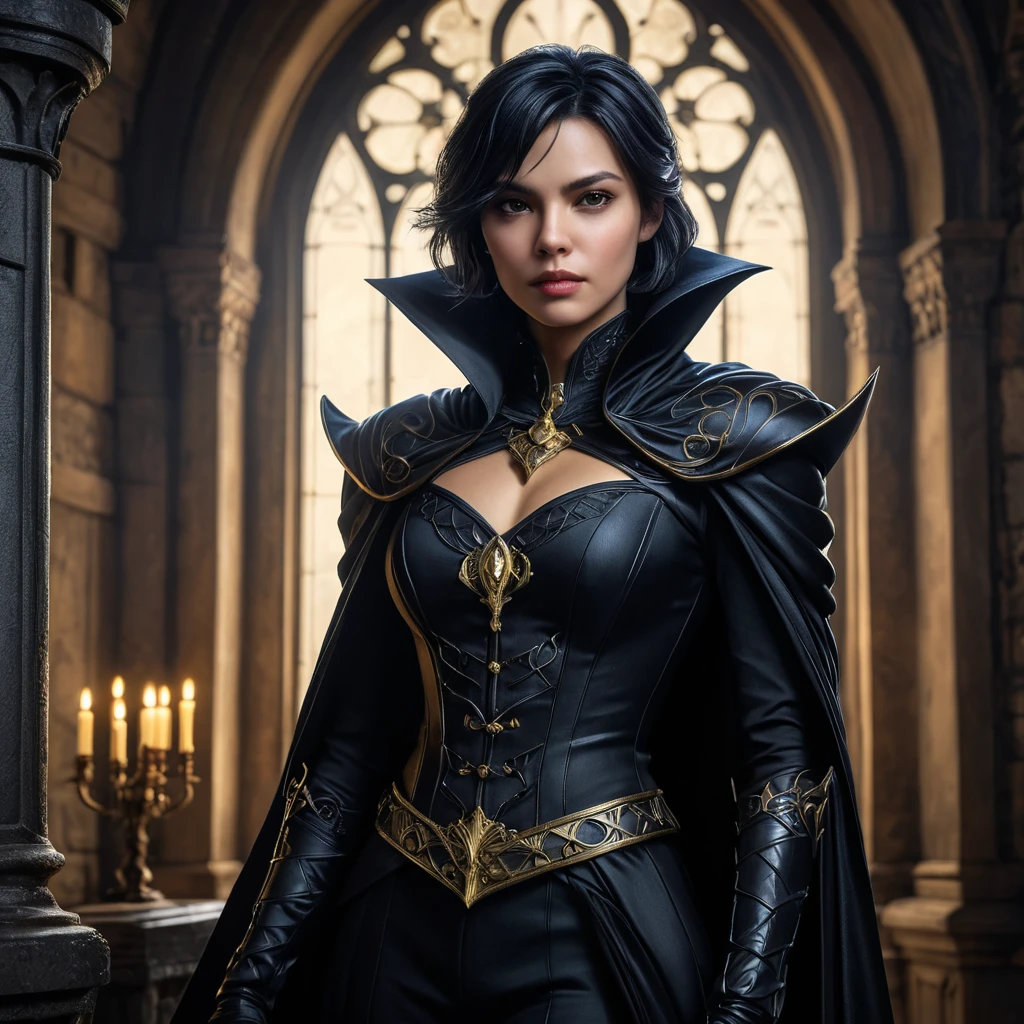 a brooding, elegant vampire Cassandra Cain, poised and deadly, in a dimly lit gothic castle, intricate details in her costume