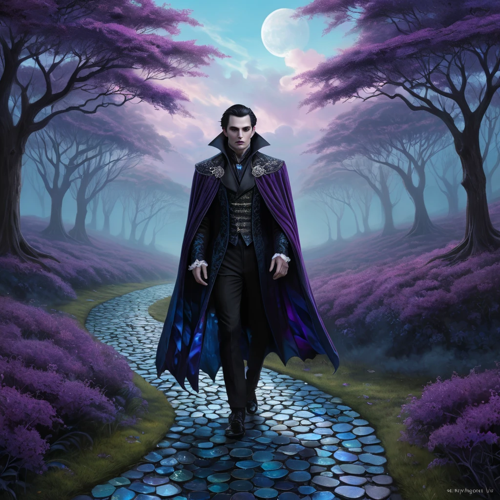 In a surreal dreamscape where time stands still, a vampire walks along a path paved with iridescent gemstones. The air is thick with mist, and the sky is painted in deep purples and blues, with swirling clouds that mirror the intricate patterns on their luxurious velvet cloak.