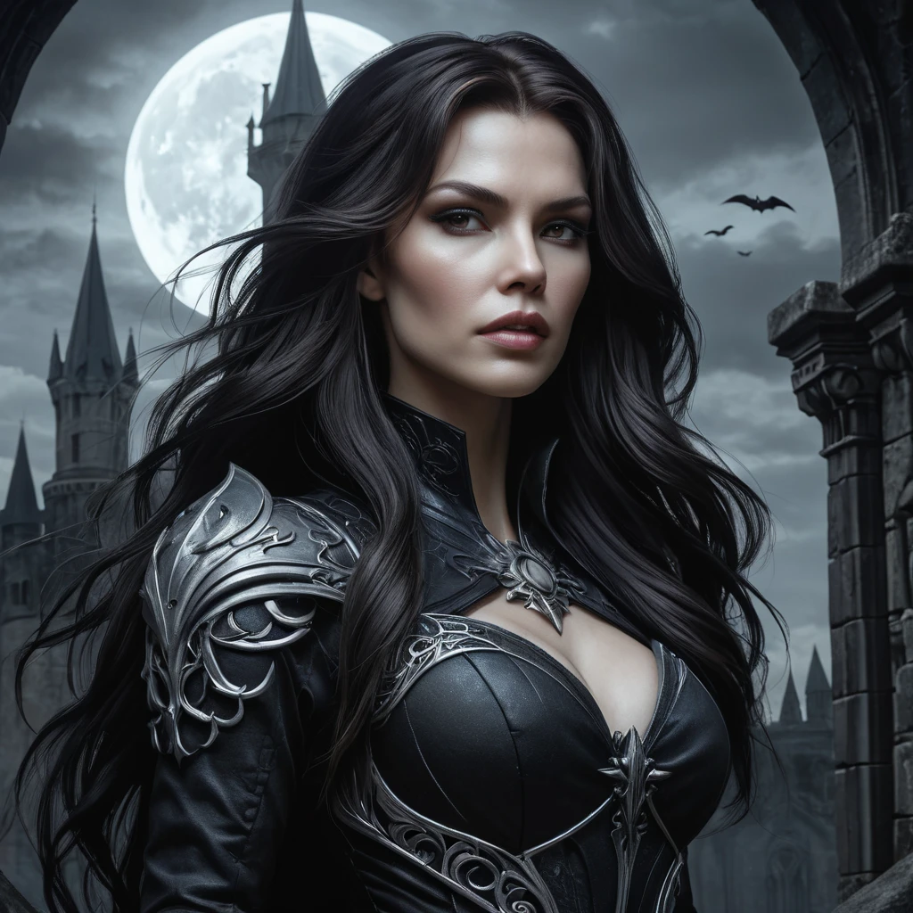 A brooding, elegant vampire Sarah Kerrigan, standing amidst a crumbling gothic castle, moonlight illuminating her pale face, sharp fangs visible,  long flowing black hair