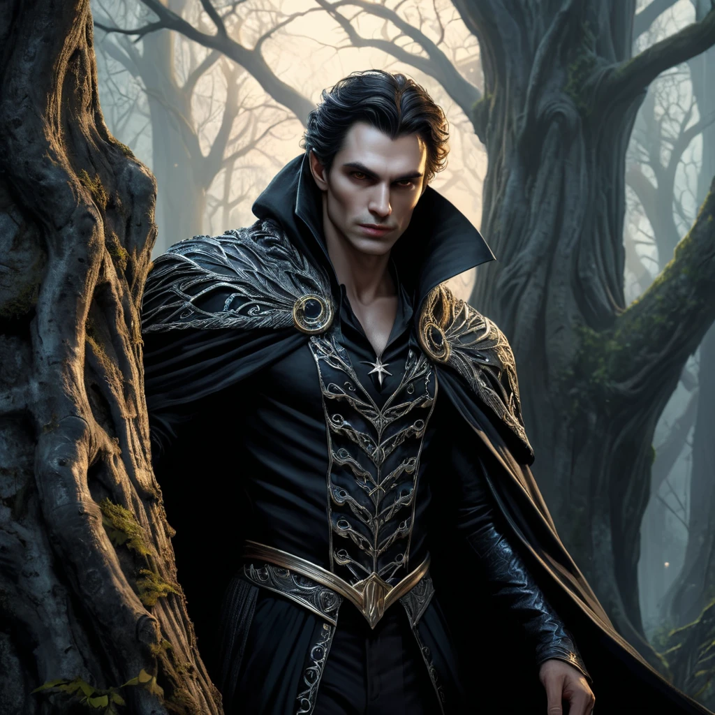 Underneath the canopy of an ancient forest at twilight, a vampire emerges from behind a gnarled tree trunk. Their intricate cloak shimmers with threads of silver and gold as they stand poised, their gaze both commanding and enigmatic against the backdrop of fading light.