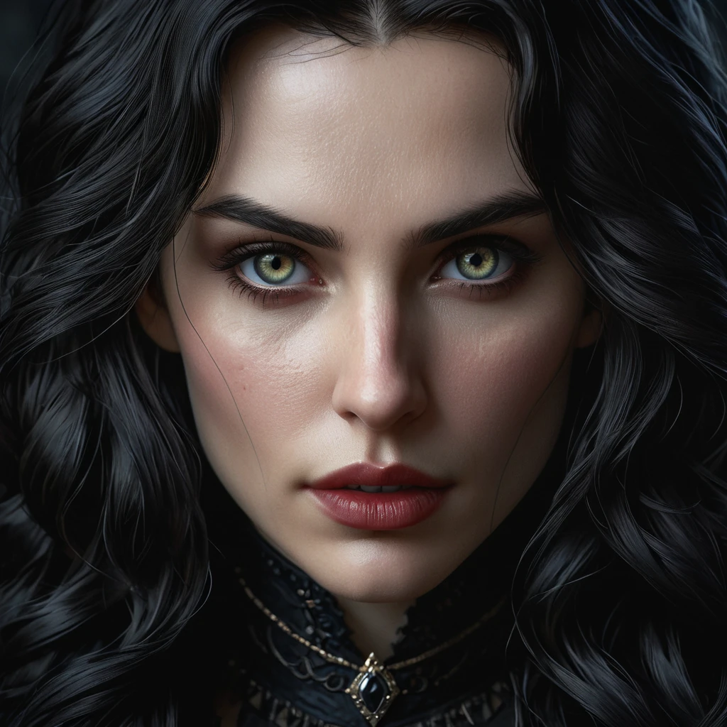 Close-up portrait of a vampire Yennefer, her face etched with ancient wisdom and predatory grace. Her fangs are subtly visible, and a single drop of blood glistens on her chin.  Dark, moody atmosphere, sharp focus on eyes