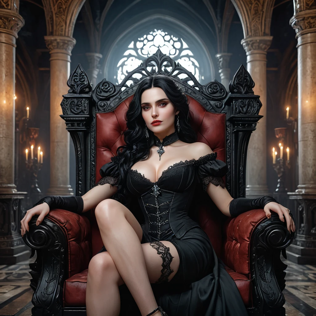 Yennefer, now a seductive vampire queen, lounging languidly on a gothic throne. Her skin is alabaster, her lips crimson, and her eyes glow with an unnatural light.  She's surrounded by shadowy figures and ornate, decaying architecture.